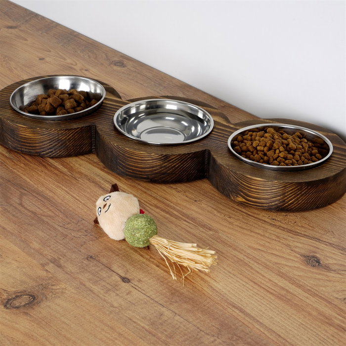 Hanah Home Comedero para Mascotas en Madera de Abeto Color Nogal Ancho 16.5 cm Alto 3.5 cm Profundo 48 cm